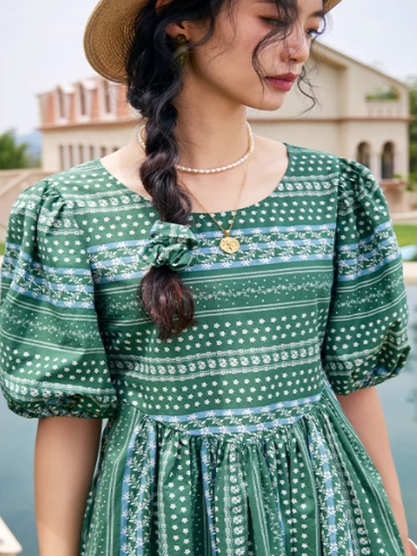 Emerald Floral Puff Sleeve Dress