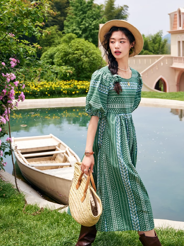 Emerald Floral Puff Sleeve Dress