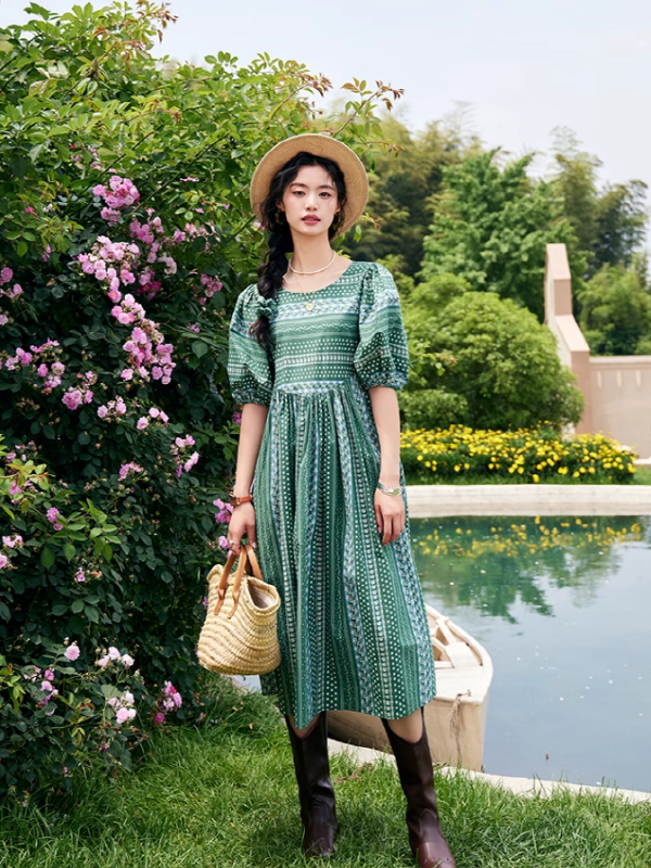 Emerald Floral Puff Sleeve Dress