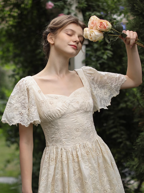 Ivory Garden Floral Embroidery Dress