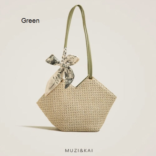 Ribbon Scarf Straw Woven Shoulder Bag