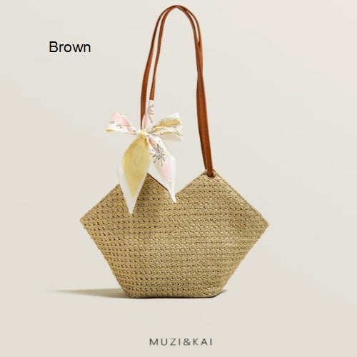 Ribbon Scarf Straw Woven Shoulder Bag