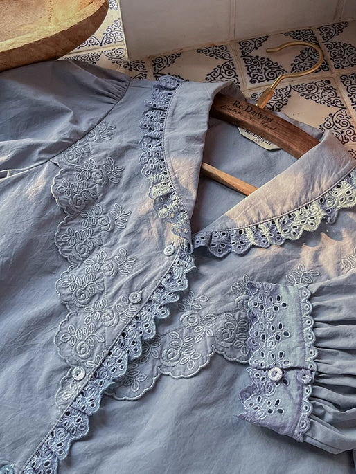 Blue Embroidery Collar Cottage Blouse