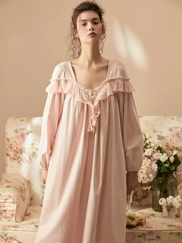 Ruffled Neckline Pink Cotton Nightgown