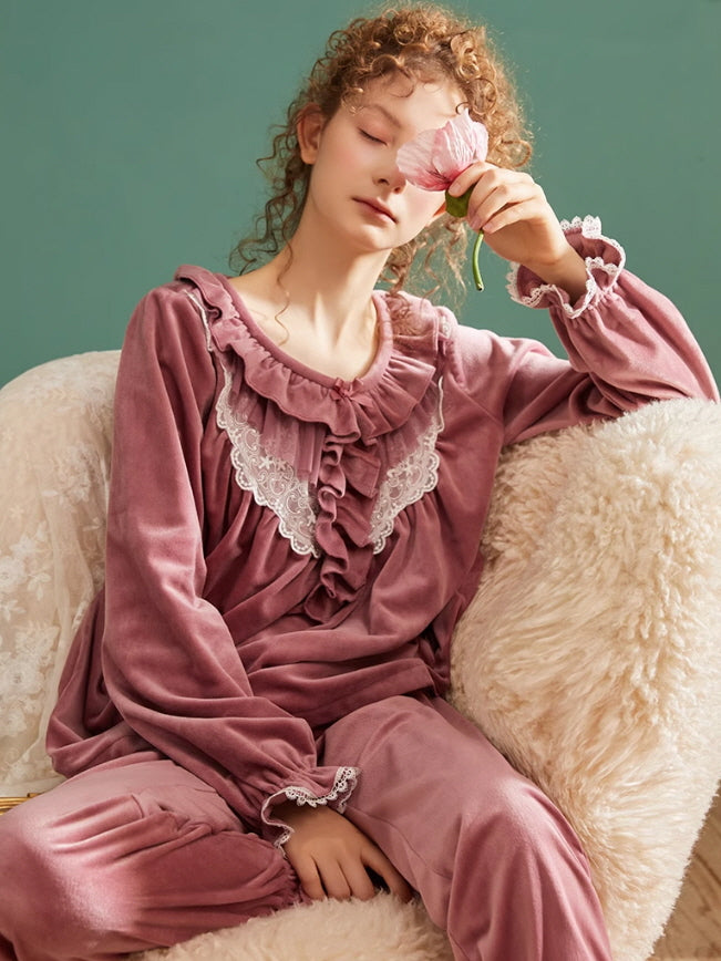 Velvet Reverie Ruffled Pajama Set