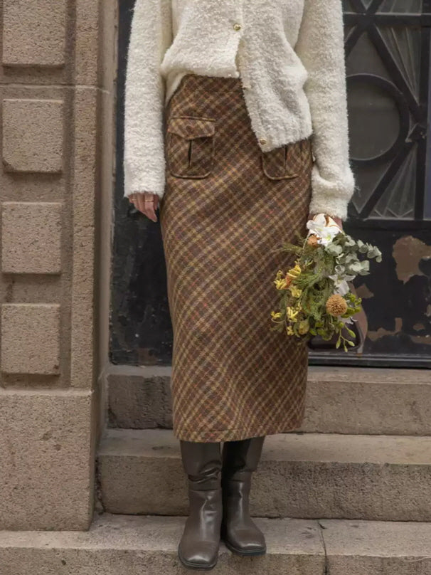 Rustic Plaid Wool Brown Checkered Skirt