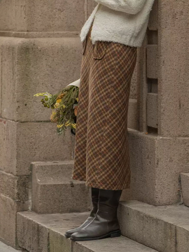 Rustic Plaid Wool Brown Checkered Skirt