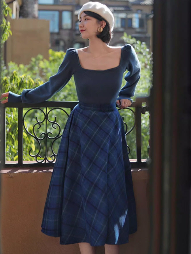 Autumn Vintage Blue Plaid Wool Skirt