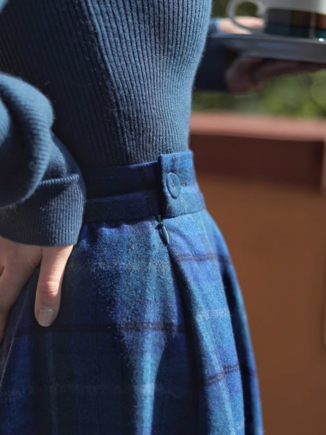 Autumn Vintage Blue Plaid Wool Skirt