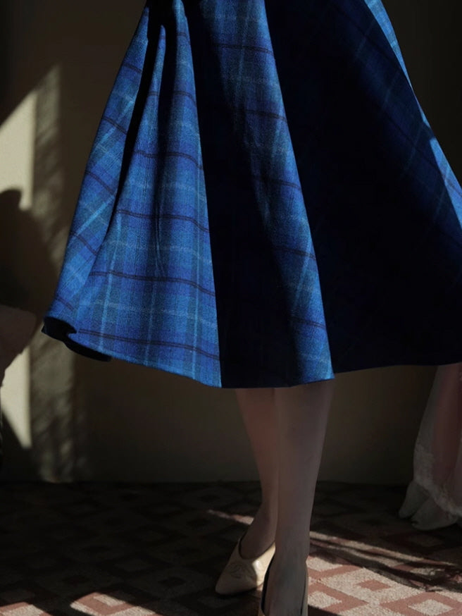 Autumn Vintage Blue Plaid Wool Skirt