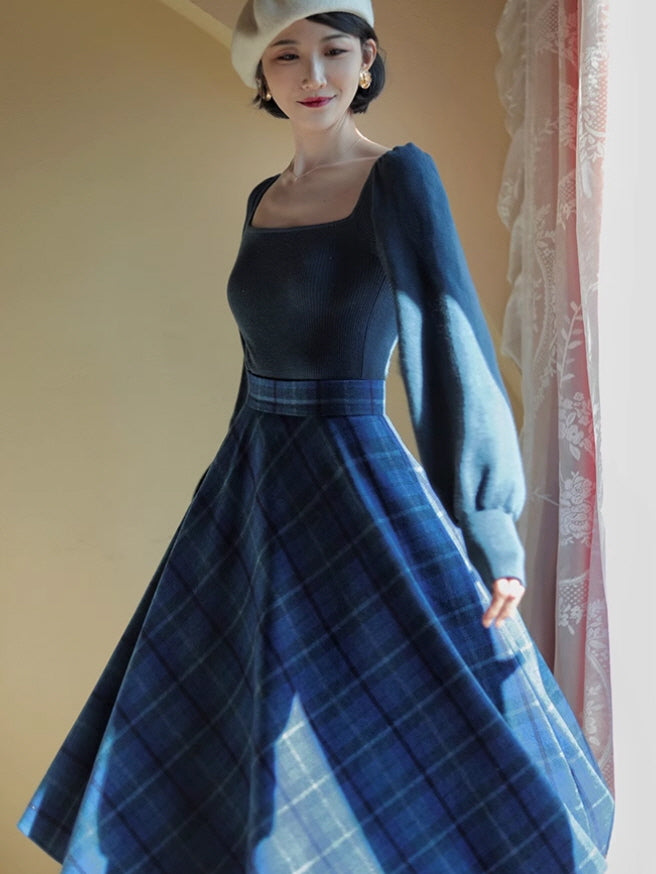 Autumn Vintage Blue Plaid Wool Skirt