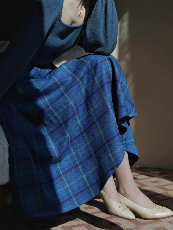 Autumn Vintage Blue Plaid Wool Skirt