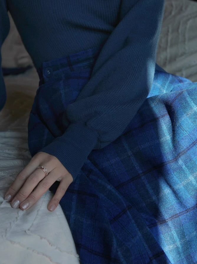 Autumn Vintage Blue Plaid Wool Skirt