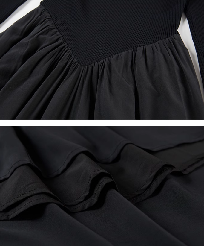 Vintage-Inspired Black Knit and Chiffon Dress