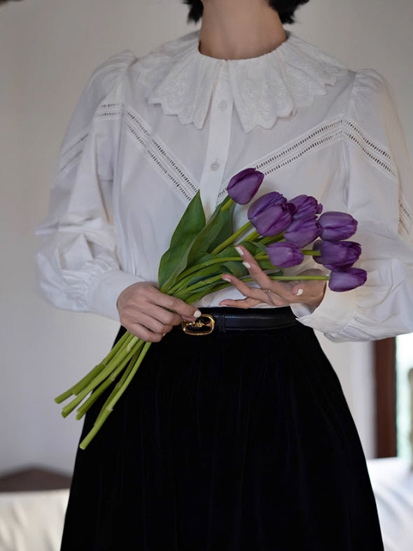 Victorian-Inspired Cotton Blouse with Lace Collar