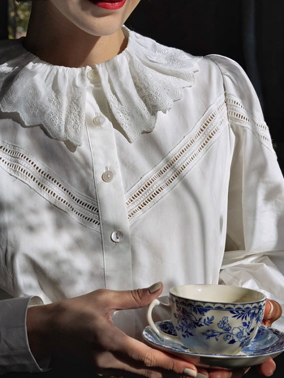 Victorian-Inspired Cotton Blouse with Lace Collar