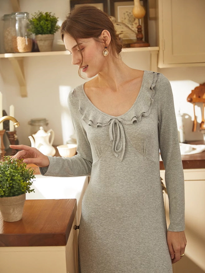 Ruffled Elegance Long-Sleeve Cotton Loungewear