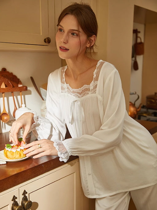 Romantic Cottagecore Lace-Trimmed Cotton Pajamas Set