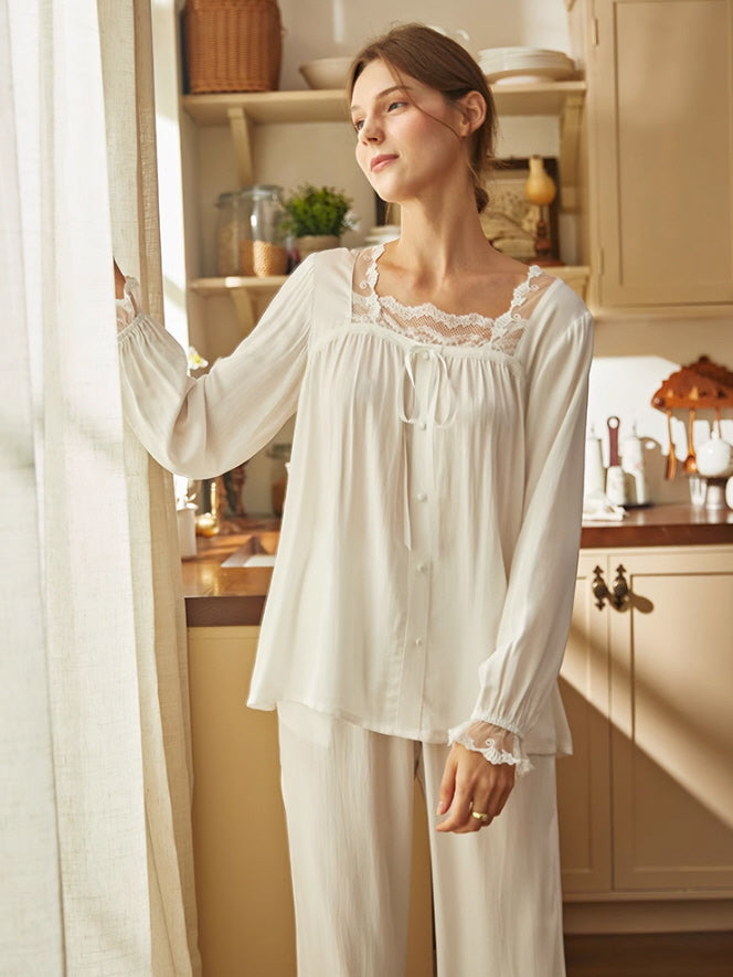 Romantic Cottagecore Lace-Trimmed Cotton Pajamas Set