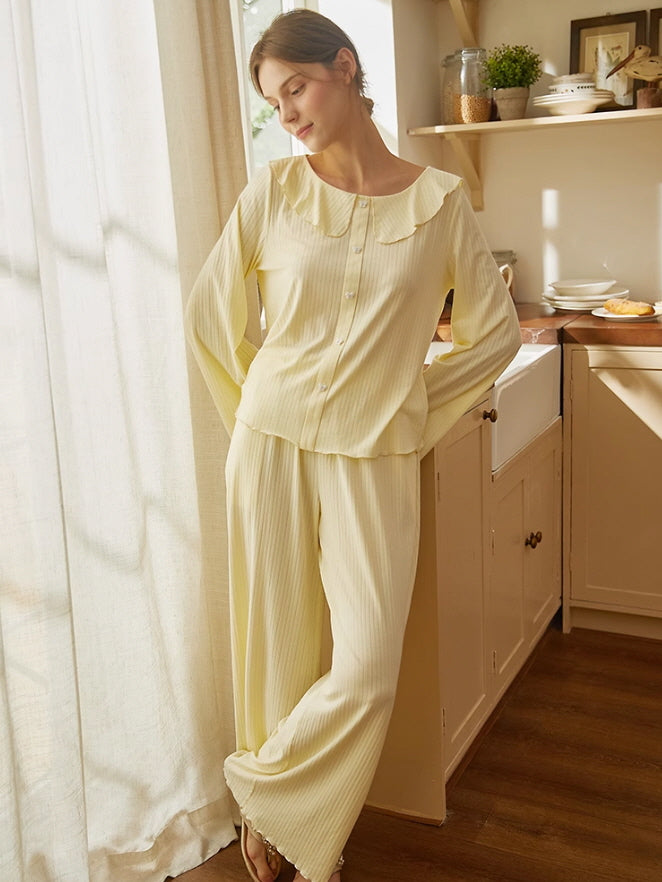 Soft Yellow Ruffled Collar Pajama Set