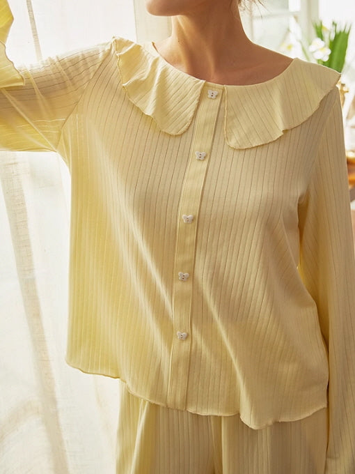 Soft Yellow Ruffled Collar Pajama Set