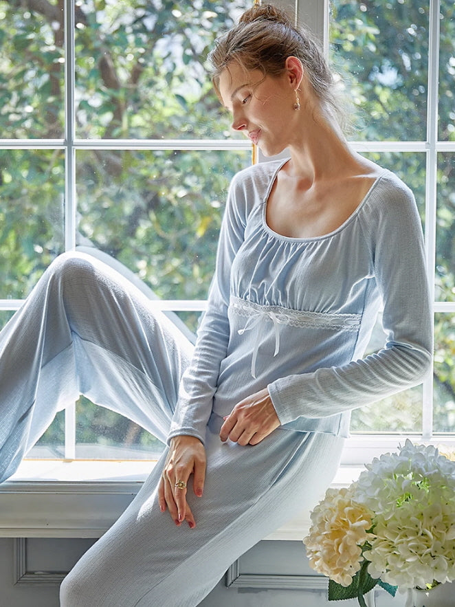 Serenity Lace-Trim Light Blue Pajama Set