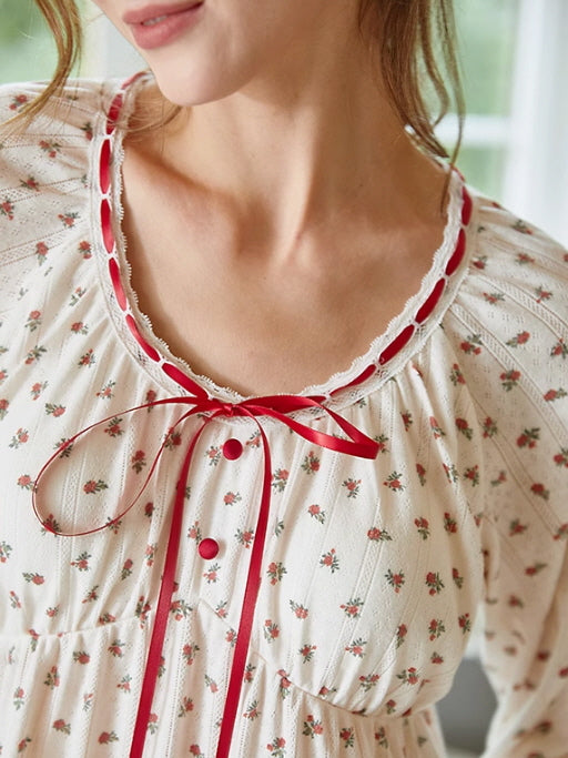 Floral Ribbon-Trim Cottagecore Nightgown