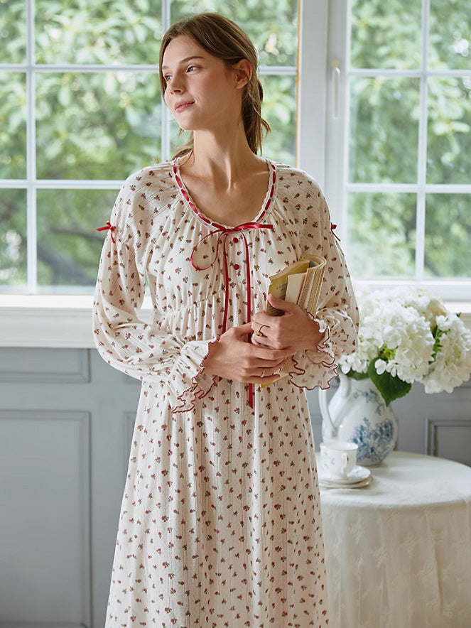 Floral Ribbon-Trim Cottagecore Nightgown