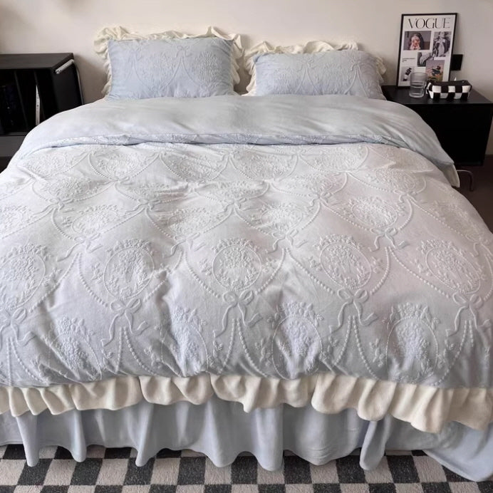 Princess Ruffled Light Blue Velvet Bedding Set