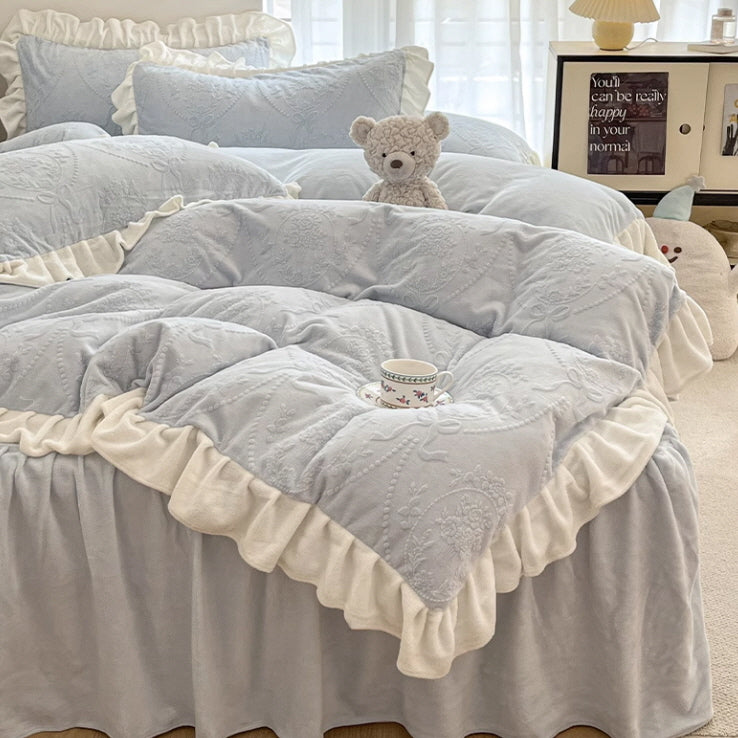 Princess Ruffled Light Blue Velvet Bedding Set