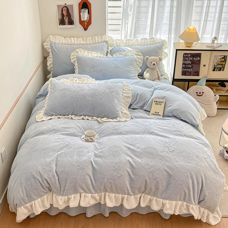 Princess Ruffled Light Blue Velvet Bedding Set