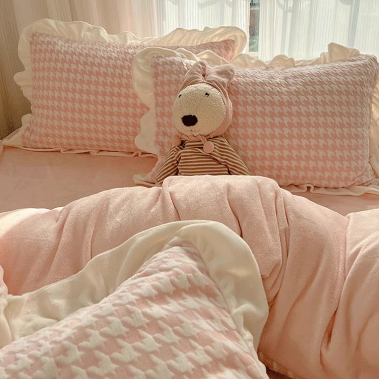 Pink Velvet Check Ruffled Bedding Set