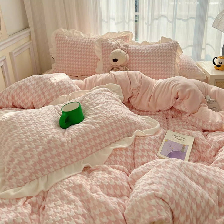 Pink Velvet Check Ruffled Bedding Set