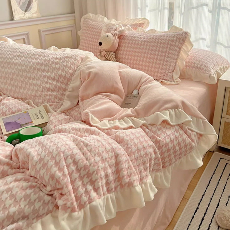 Pink Velvet Check Ruffled Bedding Set