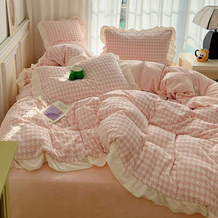 Pink Velvet Check Ruffled Bedding Set