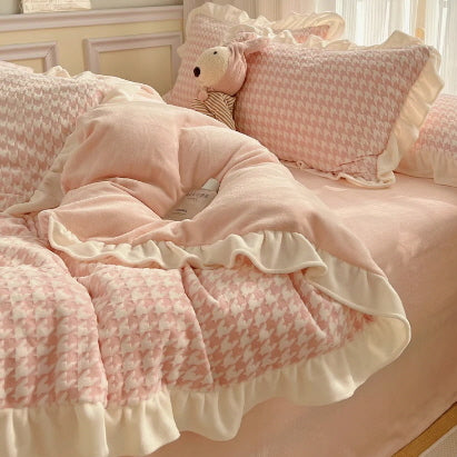 Pink Velvet Check Ruffled Bedding Set