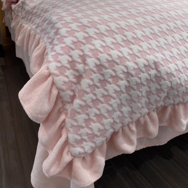 Pink Velvet Check Ruffled Bedding Set