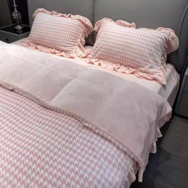 Pink Velvet Check Ruffled Bedding Set