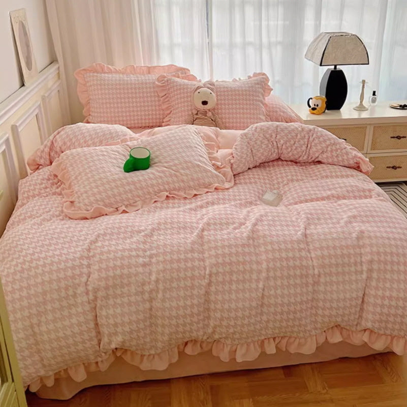 Pink Velvet Check Ruffled Bedding Set