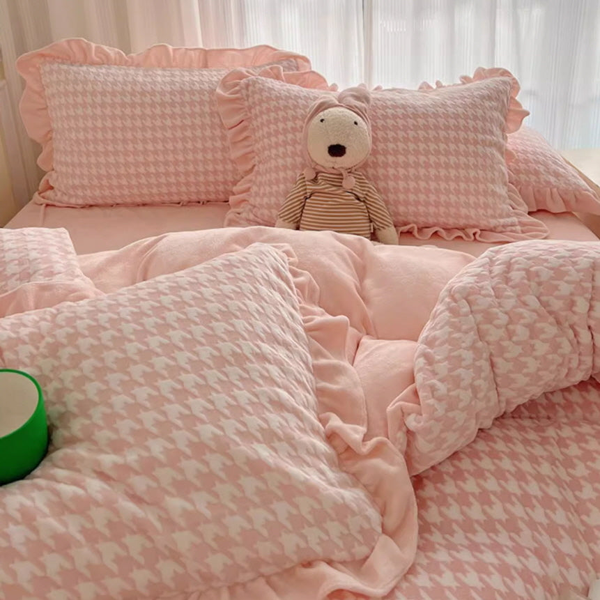 Pink Velvet Check Ruffled Bedding Set