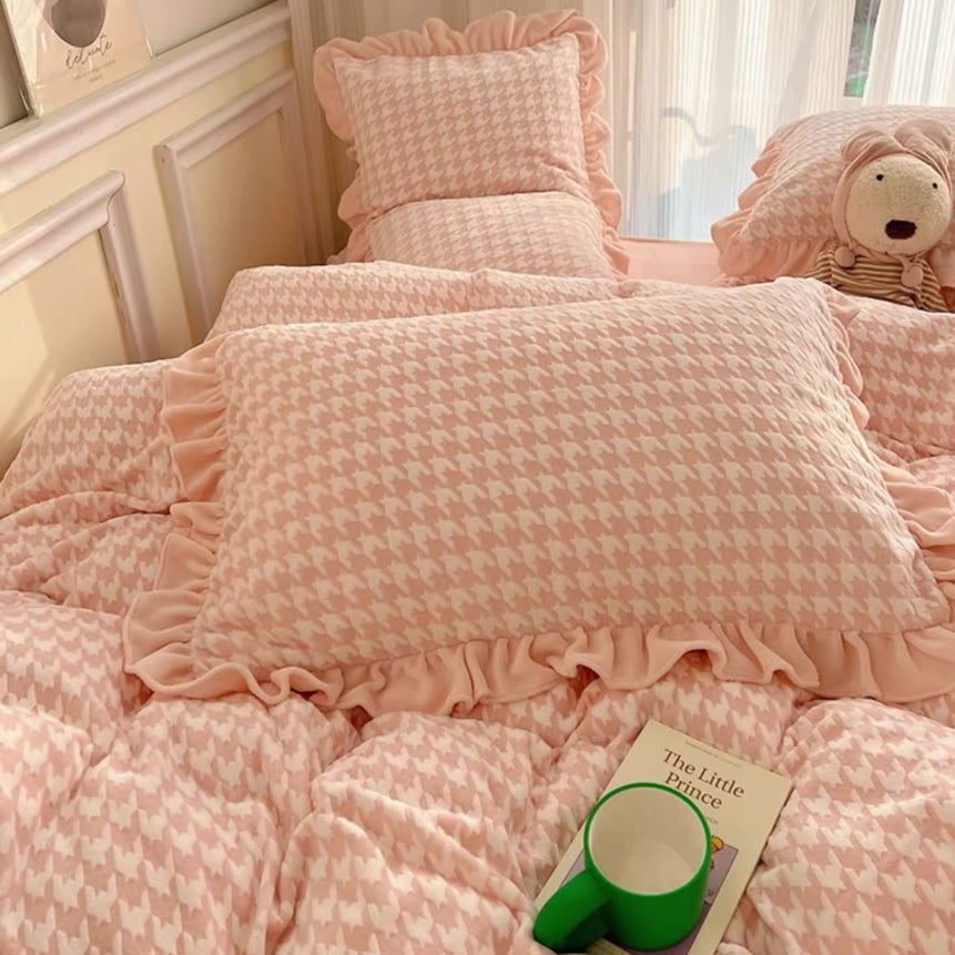 Pink Velvet Check Ruffled Bedding Set