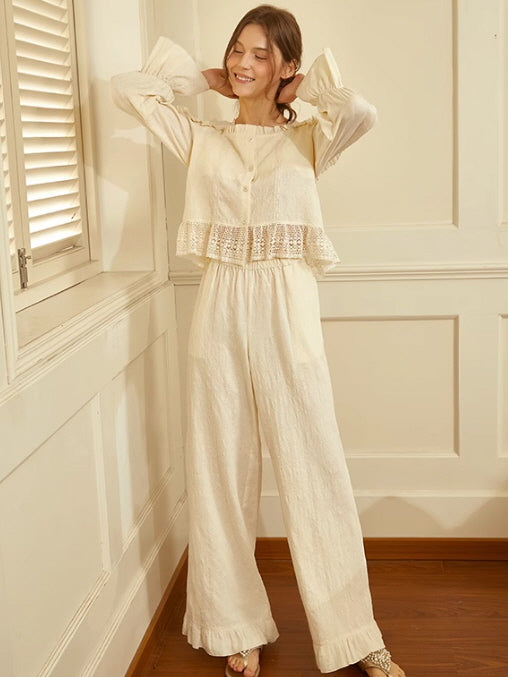 Vintage-Inspired Ruffled Cotton Loungewear Set