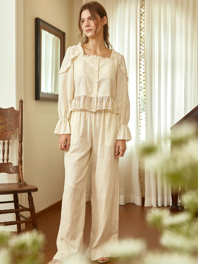 Vintage-Inspired Ruffled Cotton Loungewear Set