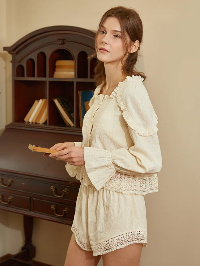 Vintage-Inspired Ruffled Cotton Loungewear Set