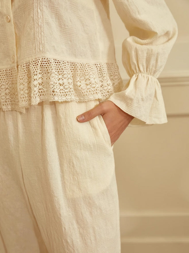 Vintage-Inspired Ruffled Cotton Loungewear Set