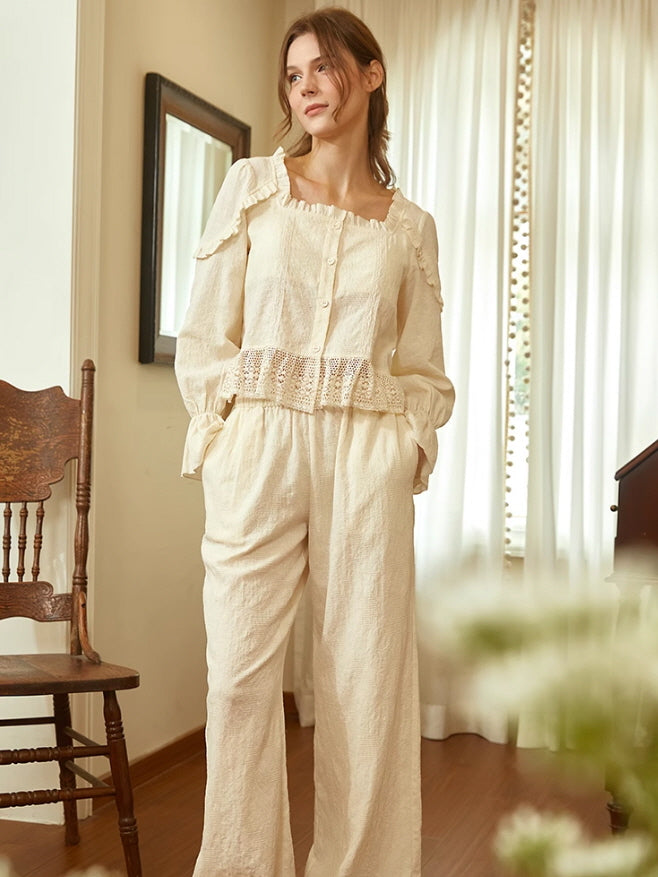 Vintage-Inspired Ruffled Cotton Loungewear Set