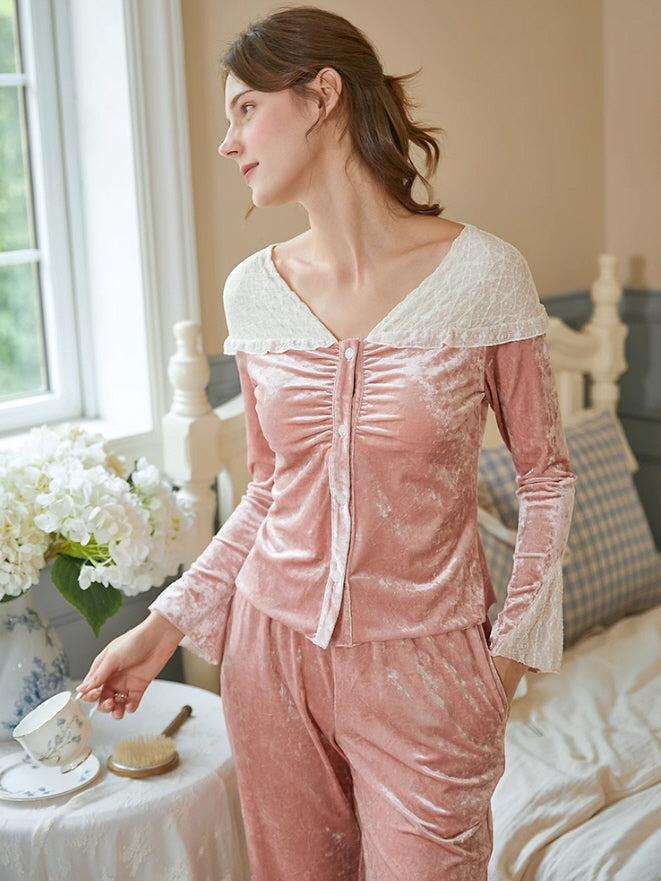 Blush Velvet Lace-Trim Pajama Set