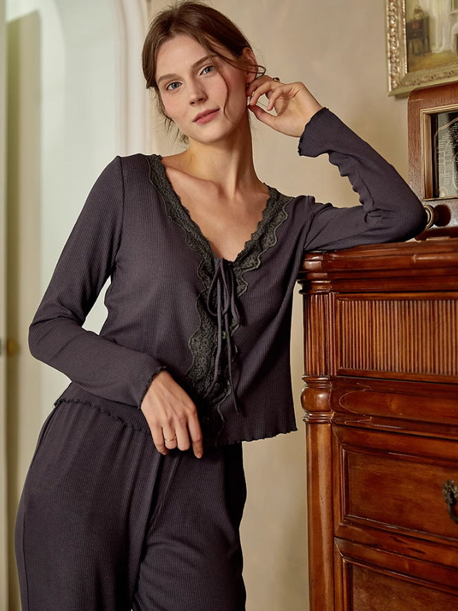 Moonlit Elegance Lace Trim Pajama Set