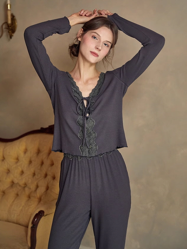 Moonlit Elegance Lace Trim Pajama Set