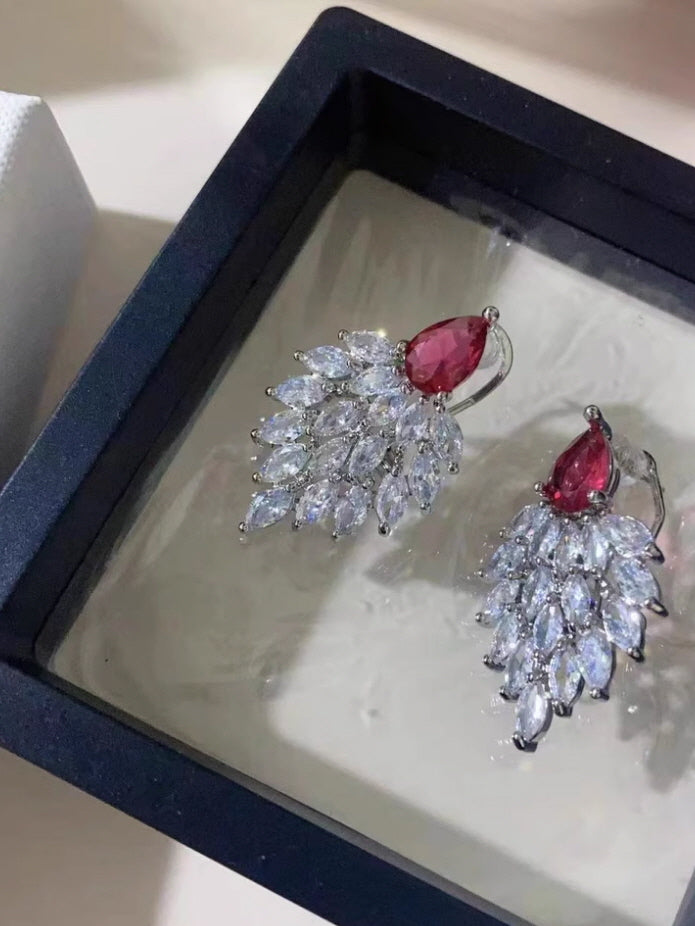 Elegant Ruby Zircon Leaf Drop Earrings